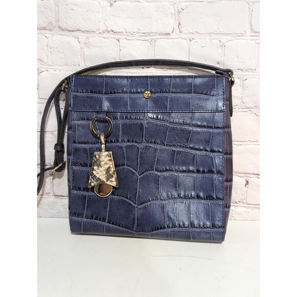 G.I.L.I. Blue Python Snake Croc Embossed Leather Tassel Shoulder Crossbody Bag - Picture 1 of 11